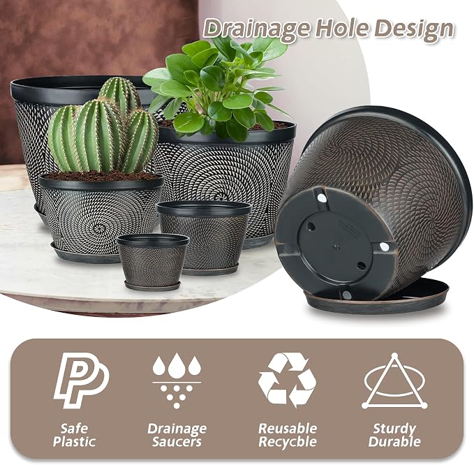 Quarut 4 Pack 8 Inch Flower Pots Planters for Outdoor Indoor | Plastic Plant Pots with Drainage Hole & Tray, Modern Decorative Garden Pot with Saucer, planters for House