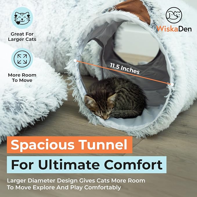 WiskaDen XL Plush Cat Tunnel Bed with Toy and Elderly Feline Access. 3-in-1 Light Grey Fluffy Donut Cushion with Ears. Circle Tube for Indoor Cats Leisure, Hiding Spot, Dog Bed, or Rabbit Cave