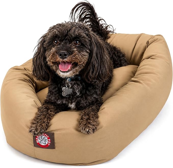 Majestic Pet 24 Inch Bagel Calming Dog Bed Washable – Cozy Soft Round Dog Bed with Spine Support for Dogs to Rest Their Head - Fluffy Donut Puppy Mat 24x19x7 (Inch) Small – Khaki | Cozy Soft Fluffy Donut Pet Bed with Spine Support for Head Rest – Anti-...