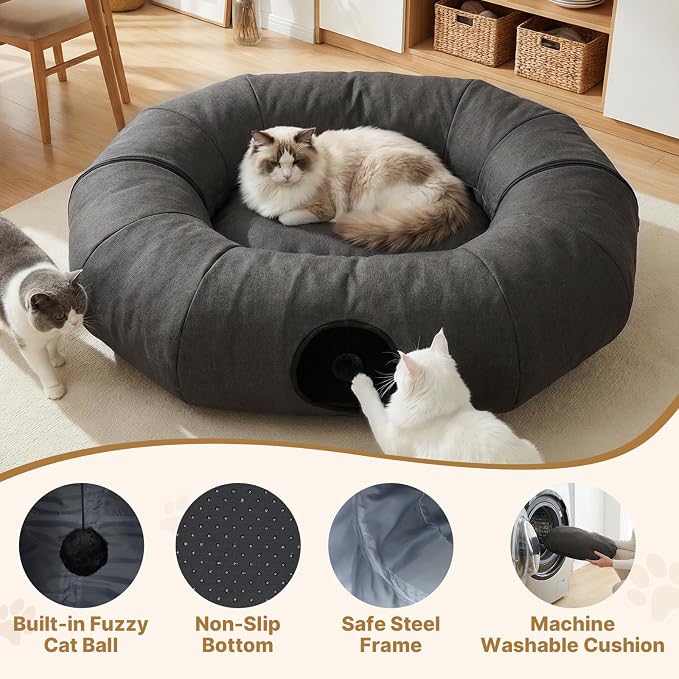 Extra Large Cat Tunnel, Cooling Natural Linen Big Tunnel for Cats 47.2in | Multi-Cat Family Long Cat Tunnel Bed with Washable Mat, Breathable & Durable Big Cat Tunnel for Cats, Dark Grey
