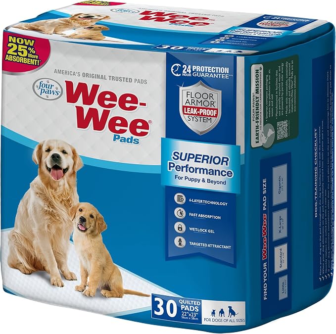 Four Paws Wee-Wee Superior Performance Unscented Puppy Pee Pads for Dogs & Puppies, Quilted Leak-Proof Dog Housebreaking Potty Training Floor Protection, Pet Supplies, 22" x 23", 30 Count | Quilted leak-proof puppy pads, dog housebreaking & potty train...