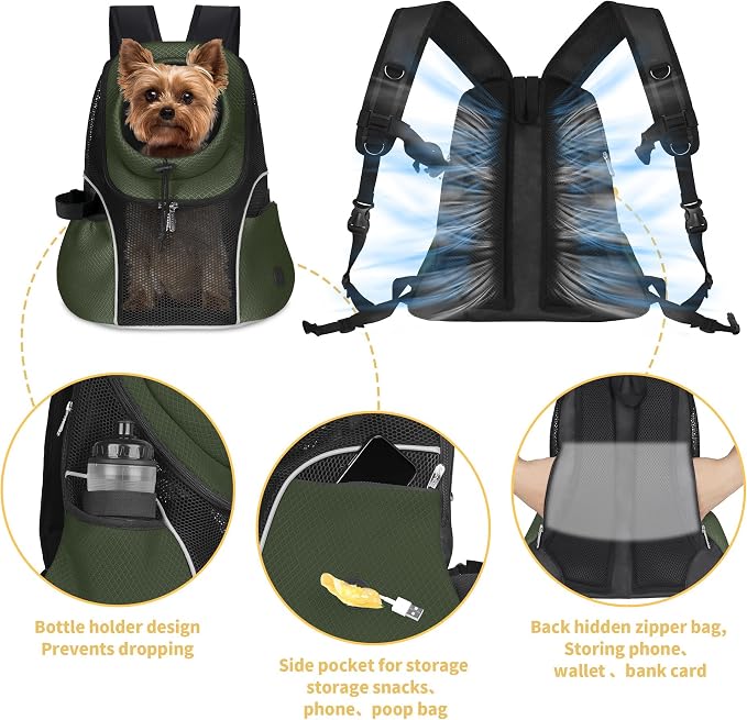 WOYYHO Pet Dog Carrier Backpack, Ventilated Mesh Small Dog Front Backpack | Breathable Puppy Back Pack, with Safety Belt, Storage Pockets, for Travel Hiking Cycling Outdoor Adventures, Army Green, L