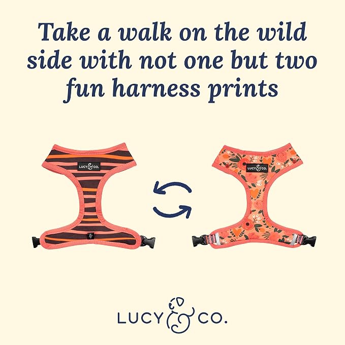 Lucy & Co. Reversible Dog Harness - Water-Repellent Neoprene, Dual-Print Design, Easy Swap Style, Adjustable Comfort Fit - Posy Pink Reversible Harness - Medium