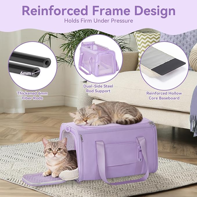 PETSFIT Cat Carrier Soft with Patented Safety Buckles, Safe for Car Travel | Lockable Zippers, Safety Tether, Escape-Resistant Pet Carrier for Vet Visits, Airline Approved Under-Seat, Up to 12 lbs