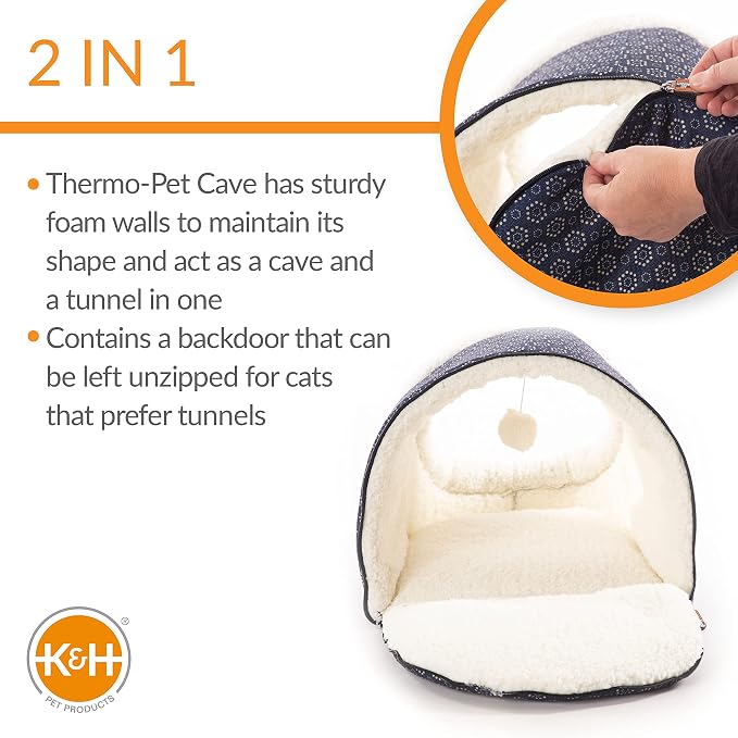 K&H Pet Products Thermo-Pet Cave Heated Cat Bed for Large Cats, Indoor Heated Warming Bed for Dog & Cat, Covered Cave Pet_Tent, Collapsible,Machine Washable,Safety Listed-17X15X13in Navy (Pack of 4)
