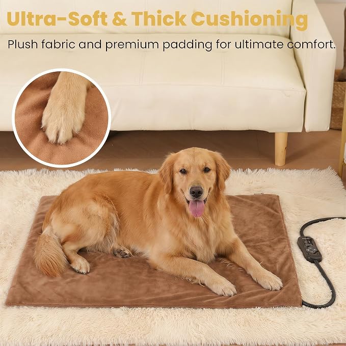 Upgraded Pet Heating Pad, 5 Adjustable Temperature & Timer, Chew-Resistant Electric Heated Dog Cat Bed, Auto Power-Off, Waterproof, 31.5" x 23.4"