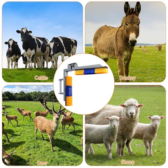 Livestock Scratch Brush With Spring Iron Holder，Animal Back Scratching Brush Including 4pcs goat brushes, 4 stands and accessories For Cow,Cattle,Sheep, Horses,Pigs，Massage Grooming Tool（Yellow）