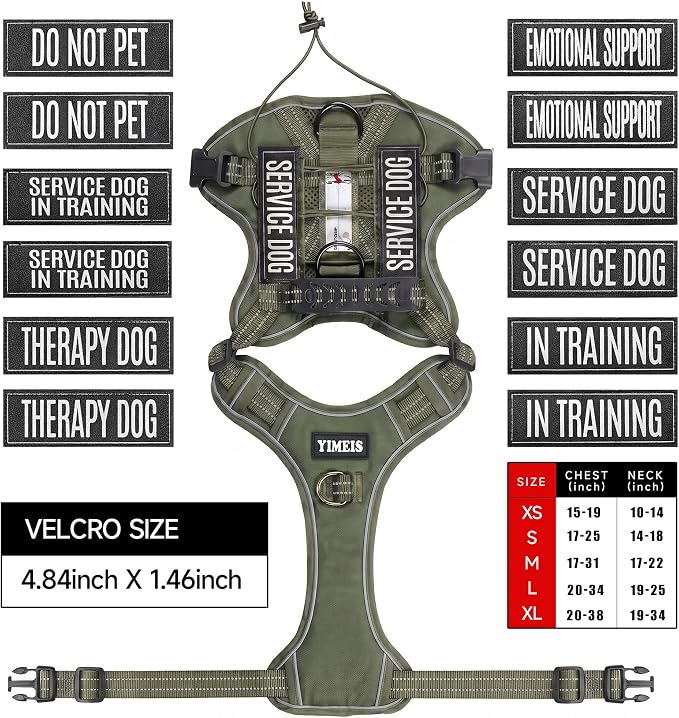 Service Dog Tactical Vest Harness and Leash Set Large Sized Dog Emotional Support- Tactical Dog Harness Training Collar with Name (Army Green, S)