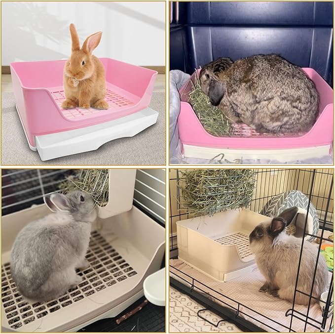 kathson 2PCS Large Rabbit Litter Box Trainer, Potty Corner Toilet with Drawer Bigger Pet Pan for Adult Hamster, Guinea Pig, Ferret, Galesaur, Bunny and Other Animals (Pink,Brown)