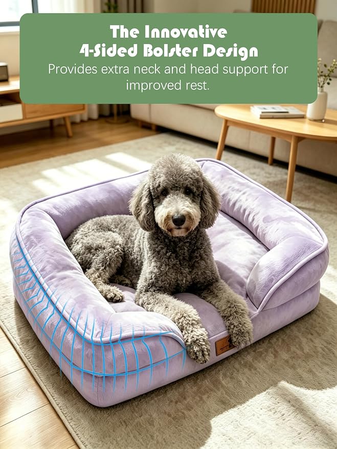 Spotted Play Orthopedic Dog Bed with Sides - Sofa Beds for Large Dogs, Supportive Foam Pet Couch Bed with Washable Removable Cover, Waterproof Lining and Non-Slip Bottom, Purple - L-Plus