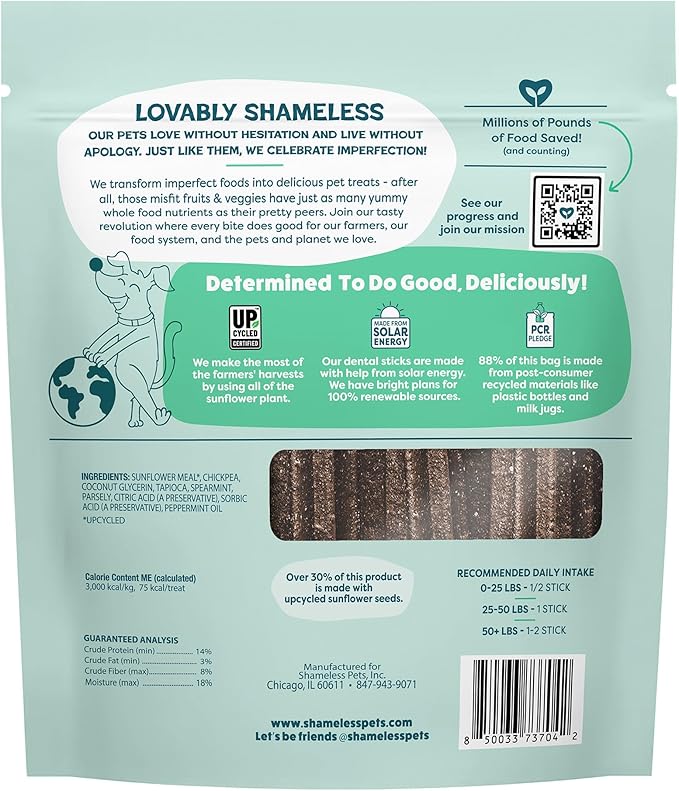 Shameless Pets Triple Mint Dental Chews for Dogs, 32 Chews - Natural Dog Teeth Cleaning Treats with Fresh Breath Benefits | Grain-Free Dental Sticks for Small, Medium & Large Dogs