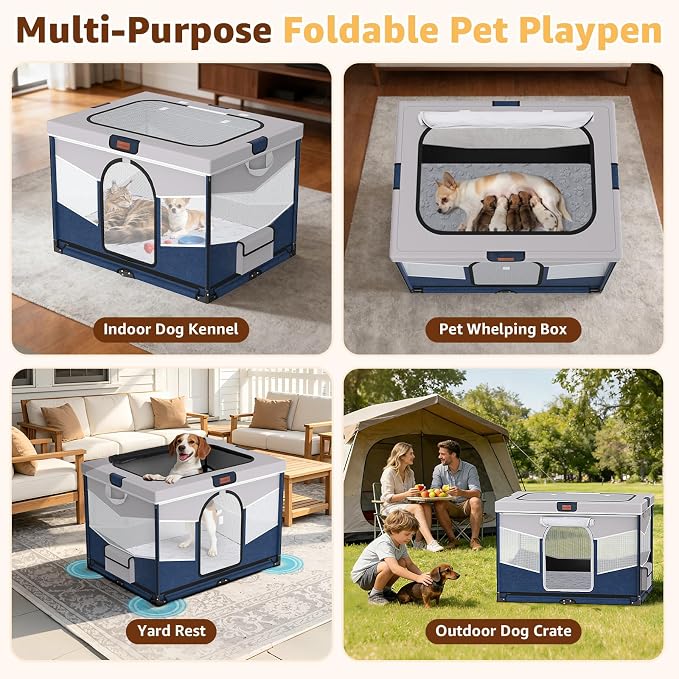 LOOBANI Foldable Dog Playpen with Washable Pee Pad, 32"x24"x22", Blue | Portable Pet Playpen for Small Dogs Cats Indoor Use, Sturdy Dog Crate with Premium Frame and 690D Oxford Waterproof Cover