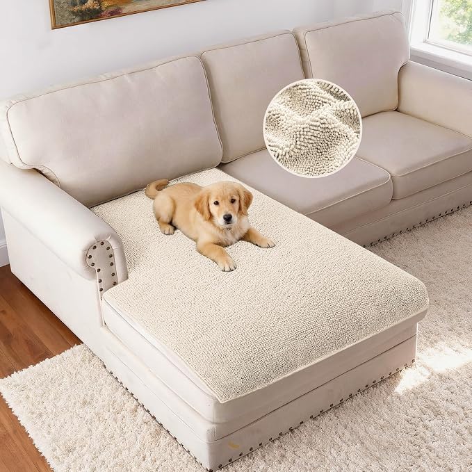H.VERSAILTEX Non Slip Pet Couch Cover Chenille Dog Bed Protector Thick Soft Sofa Slipcover Pet Friendly Washable Couch Cushion Covers for Pets (40" x 50", Ivory)