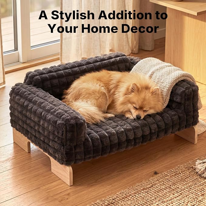 Veehoo Elevated Cat Bed Indoor, Wood Furniture Style Cat Couch Sofa | Indoor cats couch bed, removable washable cover, easy assembly, cozy fluffy cushion