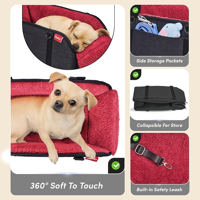 Center Console Dog Car Seat for Small Pets to 11lbs, Red | Anti-collapse armrest Console seat with washable fluffy cushion, pillow & tether for stable, cozy pet travel trips.