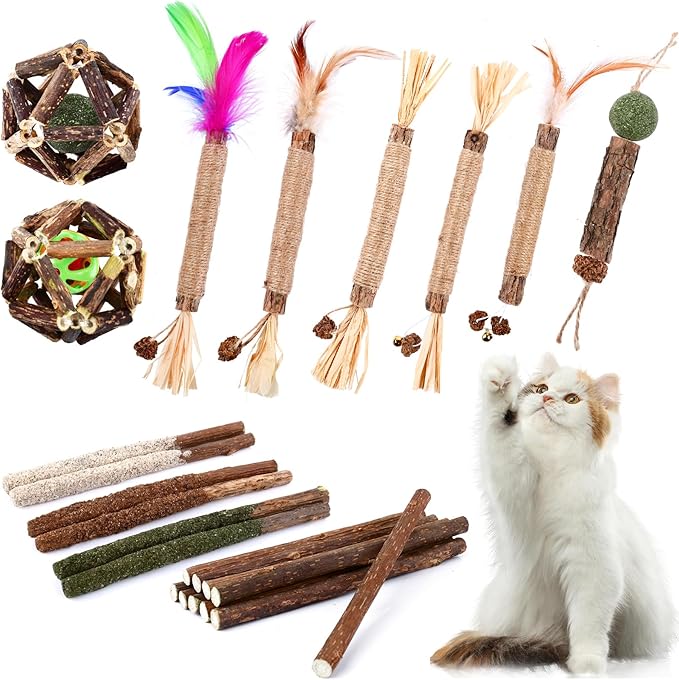 WOUSEDO Catnip Chew Toys for Cats, 24 Pack Cat Toys with Silvervine Sticks, Natural Silvervine Stick Cage Balls & Bell Balls for Indoor Cats