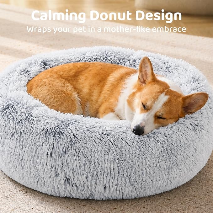 JOLLYVOGUE 23" Dog & Cat Bed, Calming Anti-Anxiety Pet Bed for Small Dogs, Fluffy Donut Cushion for Small and Medium Pets