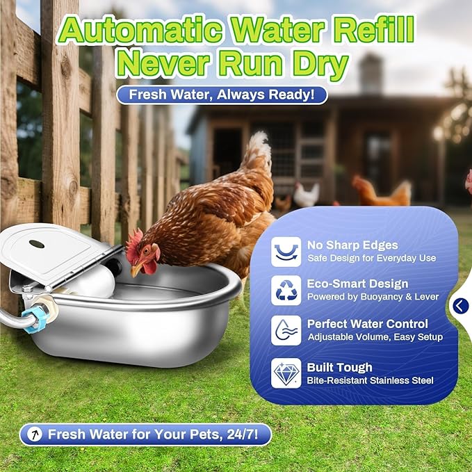 Abreuvoir automatique pour animaux avec vanne à flotteur, kit en acier inoxydable comprenant la gamelle, le tuyau standard, la vanne de remplacement, le raccord rapide et les boulons à tête fraisée (remplissage automatique)