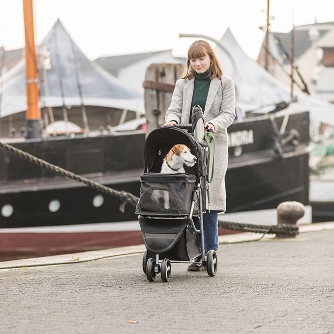 TRIXIE Foldable Pet Stroller for Cats and Dogs, Pet Carrier Strolling Cart with Weather Cover, Storage Basket, Cup Holder, Black | Lightweight, Compact and Portable, Easy to Travel