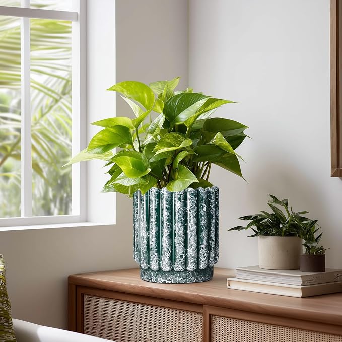 Ceramicfor Ceramic Flower Pot, 7.6 Inch, Green | Drainage Hole, Round Fluted Design, Indoor Outdoor Use, Decorative Planter
