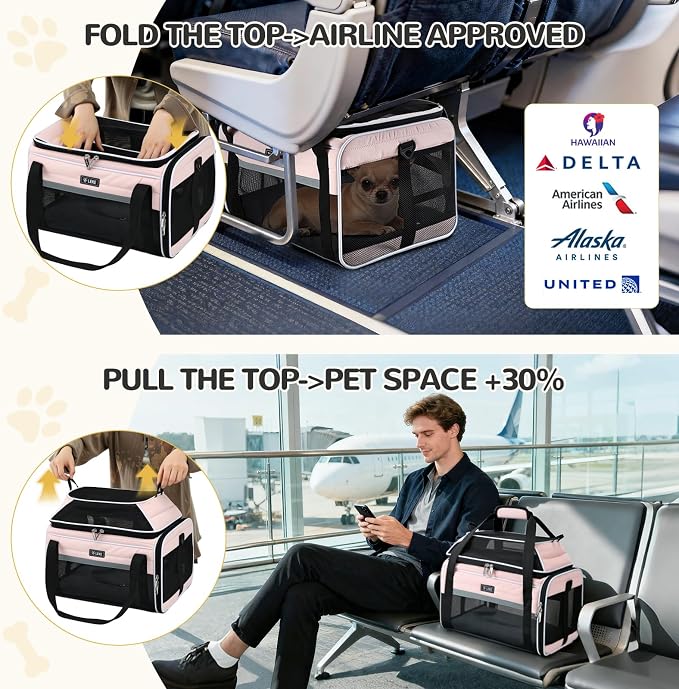 Lekereise Top-Expandable Pet Carrier 17x11x9.5 Inch Alaska Hawaiian Airline Approved Soft Sided Underseat with Locking Safety Zippers Anti-Scratch Mesh
