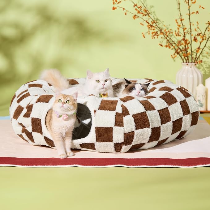 Lesure Donut Cute Jacquard Large Cat Tunnel Bed Kitten Toys for Dog Bunny | 39.5x39.5x10in,Round Large Cat Bed Tube for Multi Kittens,Pet Peekaboo Cave Toy,Spiral Hideaway,Washable Cushion,Brown Checks