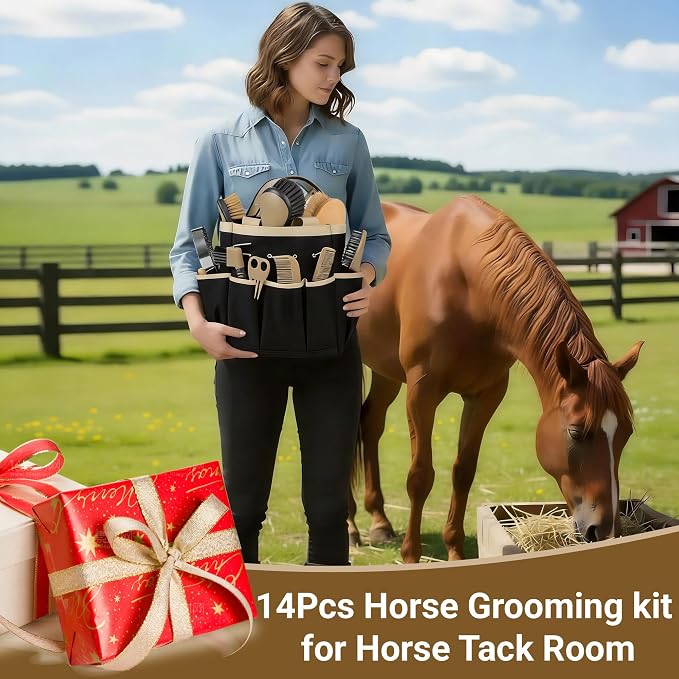Horse Grooming Kit, 14-in-1 Professional Horse Brush Supplies Set for Grooming & Care, with Horse Brushes, Curry Comb, Hoof Pick & Waterproof Storage Tote Bag for Shining, Detangling, Massaging(Khaki)