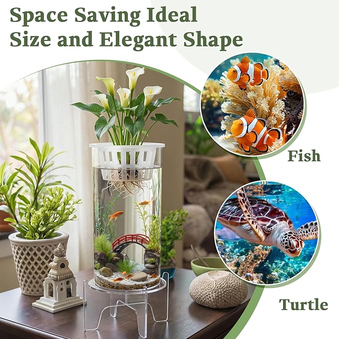 Thenshop 1.87 Gallon Plastic Aquaponic Planter and Aquarium Betta Bowl Fish Aquariums Small Fish Tank with Base and Top Promotes Healthy Hydroponic Environment for Plants (Straight Cylinder)
