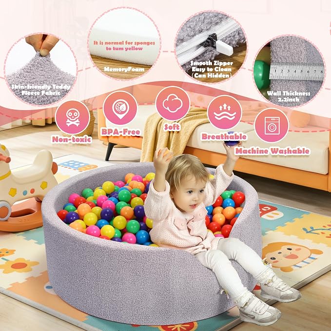 Imitation Teddy Colours Foam Ball Pit 35.4"x 11.8" Soft Round Playpen for Toddlers Dogs Cats with Soft Memory Sponge for Babies Indoor and Outdoor Game Gray (Balls not Included)