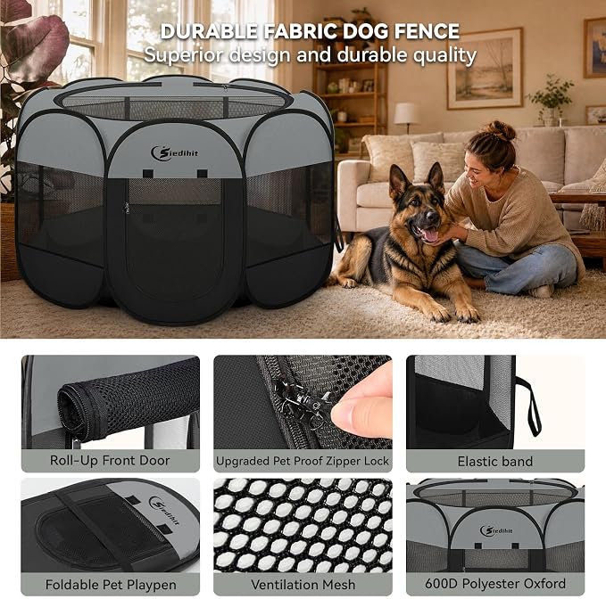 Siedihit Playpen for Extra Large Dog Cat, Dogs Tent Crate Cage | Indoor/Outdoor, Portable Pop Up Dog Kennel with Carrying Bag for Rabbits (Dark Grey, Extra Large)