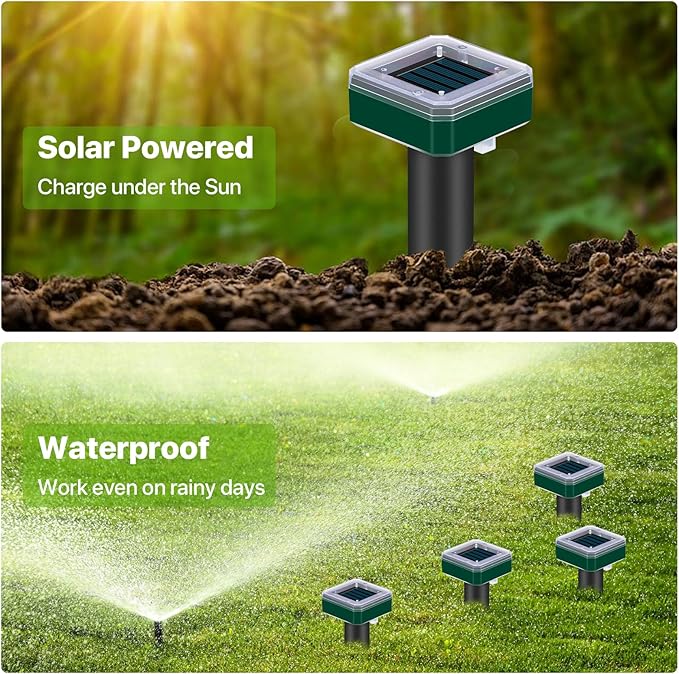 8 Pack Mole Repellent Solar Powered for Lawns Snake Repellent for Yard Gopher Trap Groundhog Vole Repellent Ultrasonic Spike Outdoor Waterproof Sonic Chipmunk Rodent Burrowing Animals Deterrent Stake