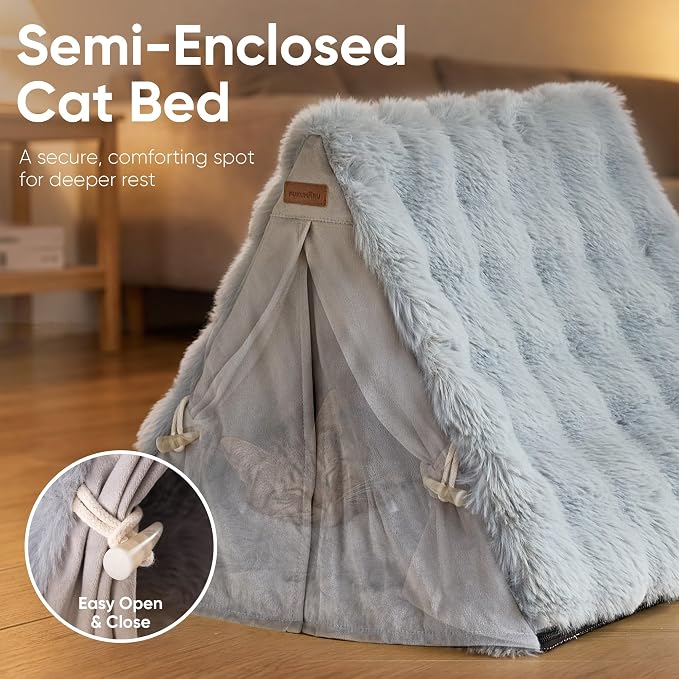 FUKUMARU Cat Cave Bed, Sturdy Frame Washable Cat Tent Bed with Curtain | Semi-Enclosed Cat Hideaway for Anxious Cats, Large Cozy Cat House for Indoor Cats, Soft Plush Covered Dog Bed, Grey