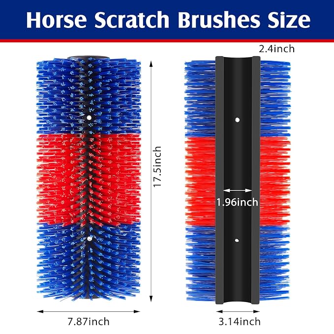 3 Pack Livestock Scratching Brush, Blue and Red | Animal Scratcher, Itch Relief Grooming, Horse Goat Cow Scratcher, Fence Post Mounting, Durable Bristles, Farm Livestock Care