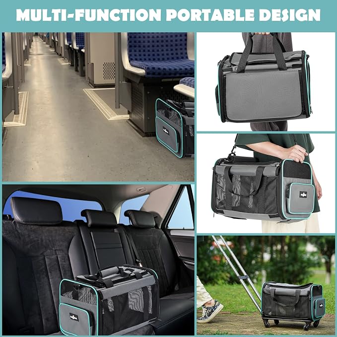 Paw Ballet Pet Carrier with Wheels, Durable Airline Approved Cat Crate, Foldable Rolling Dog Carrier, Rolling Bag for Cat &Dog, Use for Travel, Outdoor, Vet Visits, Camping, Indoor.