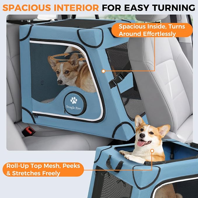 Snagle Paw Portable Dog Crate for Car Travel,Metal Frame Pet Crate,Pet Carrier for Car Back Seat Secures with Headrest Strap and Seatbelt,M