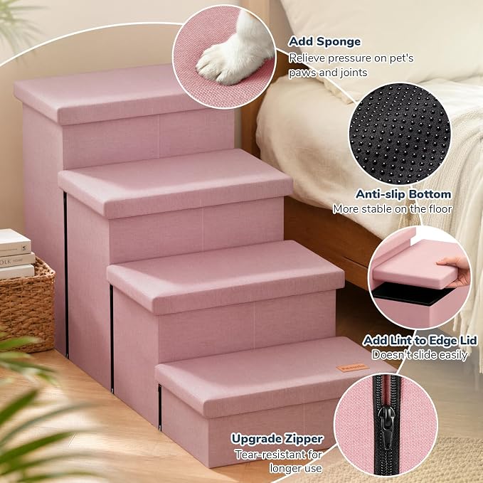 4-Step Wide Dog Stairs with Storage 23" H, Non-Slip Sturdy Pet Steps for High Bed Couch Window, Pet Stairs for Small/Medium/Large Old Dogs Cats Up to 220lbs, Cat Dog Steps for Car/SUV, Pink