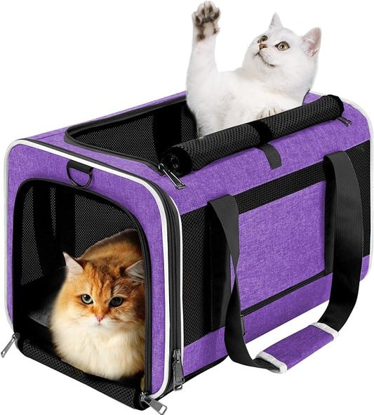 GAPZER Large Cat Carrier Soft, Collapsible Travel Pet Carry Bag, Small Dogs | Large Cats up to 20 lbs+ Maine Coon, Top Load Transport Small Puppy Dog Crate, Chihuahua Mini Dog 10lbs, Sturdy Fabric Pueple