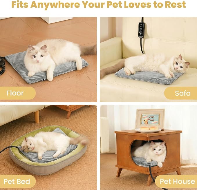 Cat Heating Pad, Heated Cat Bed with 5 Heat Levels, Timer & Auto Shut-Off, Waterproof Warmer with Thick Fleece Cover, Chew-Resistant Cord, for Indoor & Sheltered Outdoor Use (Gray, Small)