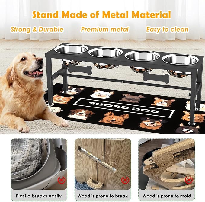4-Bowl Elevated Dog Bowl Stand – 4 Adjustable Heights with 58oz/1700ml Stainless Steel Bowls & Splash Pad for Medium & Large Breeds, Multi-Pet Households