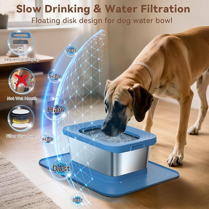 10L No Spill Dog Water Bowl Stainless Steel for Messy Drinkers | Large Capacity Slobber Stopper, Slow Drinking Anti Splash Design, XXL Silicone Mat, For Large Dogs & Multi-pet Homes, Blue