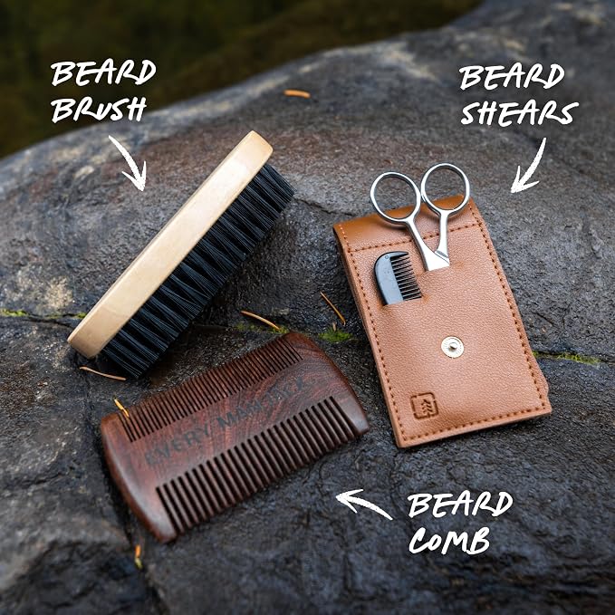 Every Man Jack Beard Care Gift Set for Men – Complete Grooming Kit with Beard Oil, Balm, Brush, Dual-Sided Comb, Trimming Scissors & Mustache Comb - Sandalwood Scent