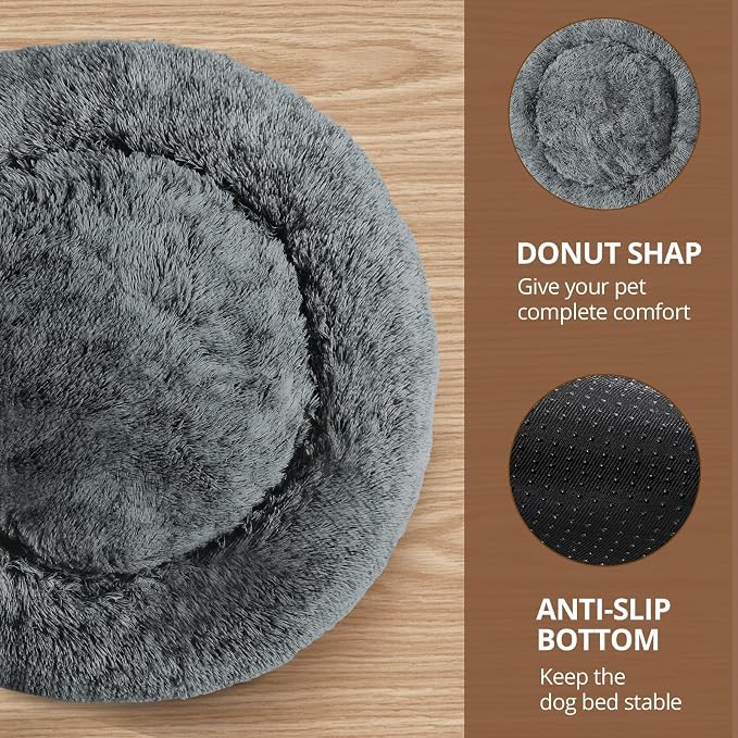 JOLLYVOGUE Calming Small Dog & Cat Bed for Indoor Cats - 20 inches Washable Donut Bed for Kittens & Puppies, Anti-Anxiety Round Fluffy Plush Pet Beds (Fits up to 15 lbs, Navy Grey)