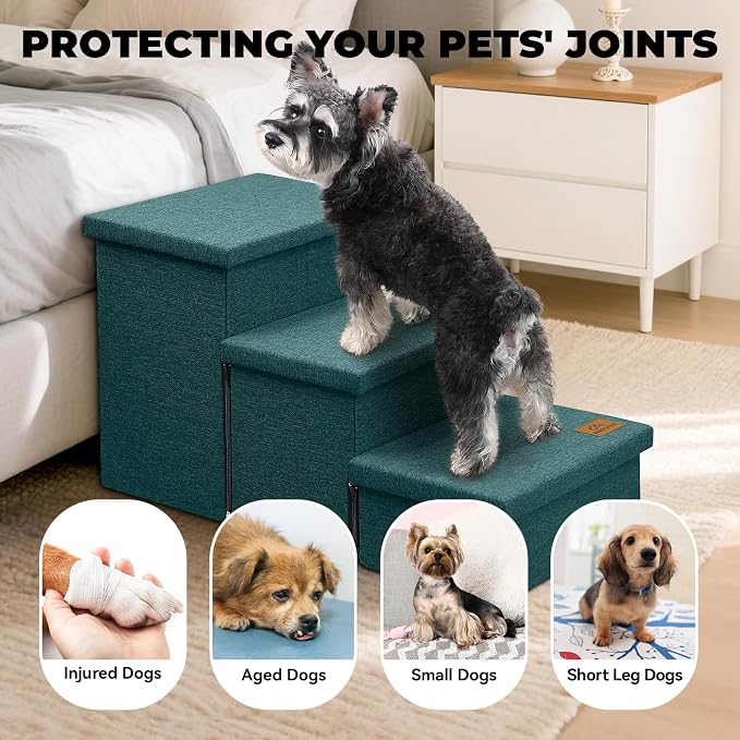 Zerbuger Dog Stairs with Storage, Dark Green 3 Steps Dog Ramp no Condo | 18" H Wider Dog Steps for High Beds Couch, Folding Storage Pet Stairs Gift for Climbing Small/Medium/Large Old Dogs Cats