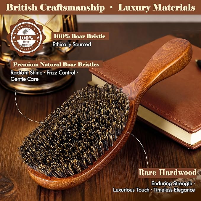 100% Boar Bristle Hair Brush Since 1965 British Craftsmanship | Handmade Natural Wooden Slick Back Hairbrush, Soft Bristles Gentle Smoothing Women Men Kids Thin Fine Hair, Anti Breakage