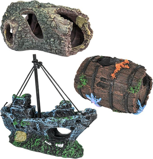 AmaQueen 3 Pcs Fish Tank Decorations, Aquarium Decor Ornaments, Betta Fish Axolotl House Hideout Cave Stuff Accessories, Set of 3 Resin Hollow Tree Trunk, Starfish Barrel, Shipwreck Ship (3)