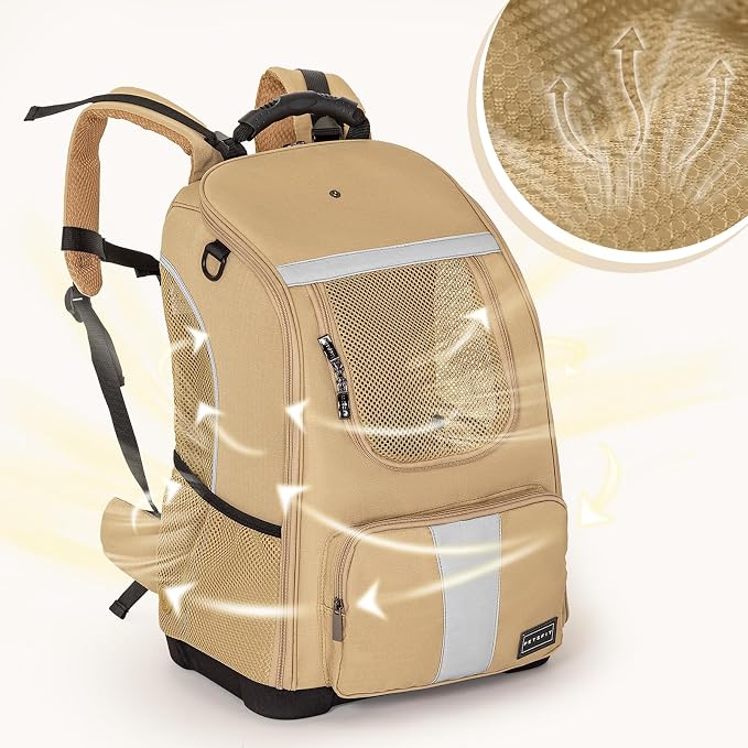 Petsfit Pet Dog Carrier Backpack with Upgraded Weight Reduction Design, Cat Dog Backpack with Large Ventilations, Easy-Fit for Traveling Hiking Camping for Small Medium Dogs and Cat, Khaki