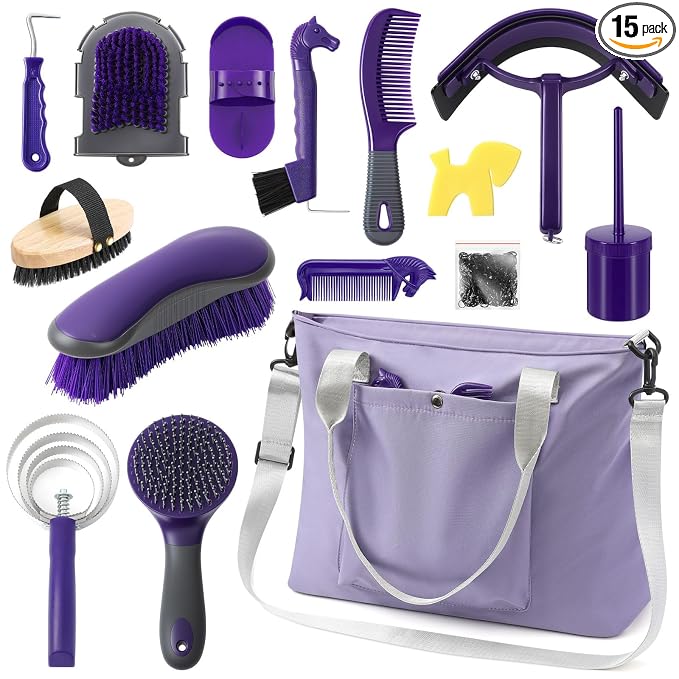 Abbylike 15 Pieces Horse Grooming Kit with Organizer Tote Bag Tack Room Supplies Horse Brush Sets Care Equine Cleaning Kit Shedding Grooming Massaging Tools(Purple and Grey)