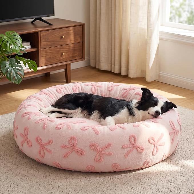 JOEJOY Jacquard Donut Round Dog Beds Large Sized Dog,Pink 36x36x8in, Removable Washable Cover, Cute Pattern, Ultra Soft Fluffy Calming Pet Bed with Thick Supportive Bolster