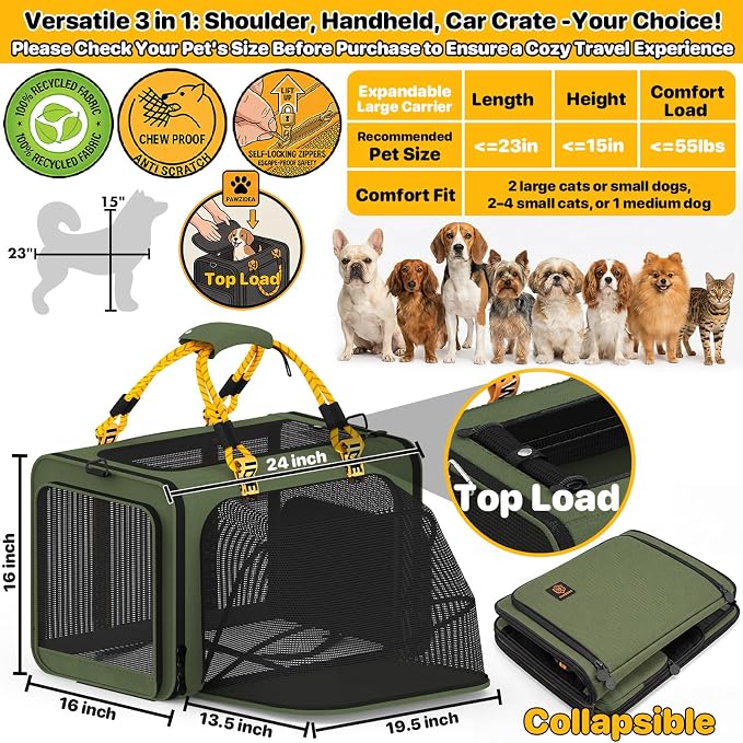 PAWZIDEA Expandable Large Pet Carrier, Soft-Sided 2–4 Cats Carrier Up 55lbs | 24"×16"×16" Collapsible Small to Medium Dog Carrier Travle Bag, Portable Dog Crate for Car Travel, Breathable, Storage Pocket