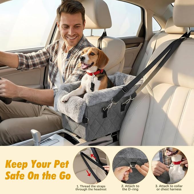 Center Console Dog Car Seat for Small Dogs&Cats Under 12 LBS | Puppy Car Seats with Non-Slip&Strong Support, Anti-Collapse Portable Pet Bed for Puppies with Soft Cushion Safety Belt, Gray